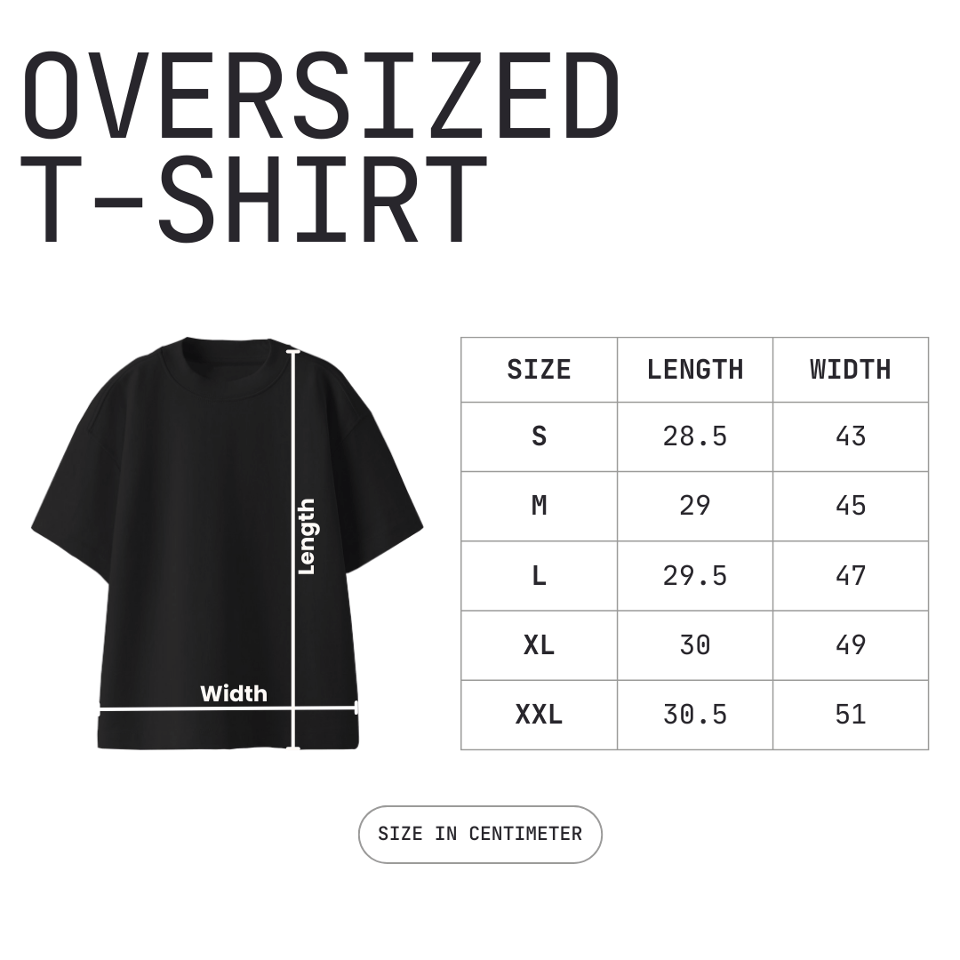 Size chart for an oversized t-shirt showing length and width measurements in centimeters.