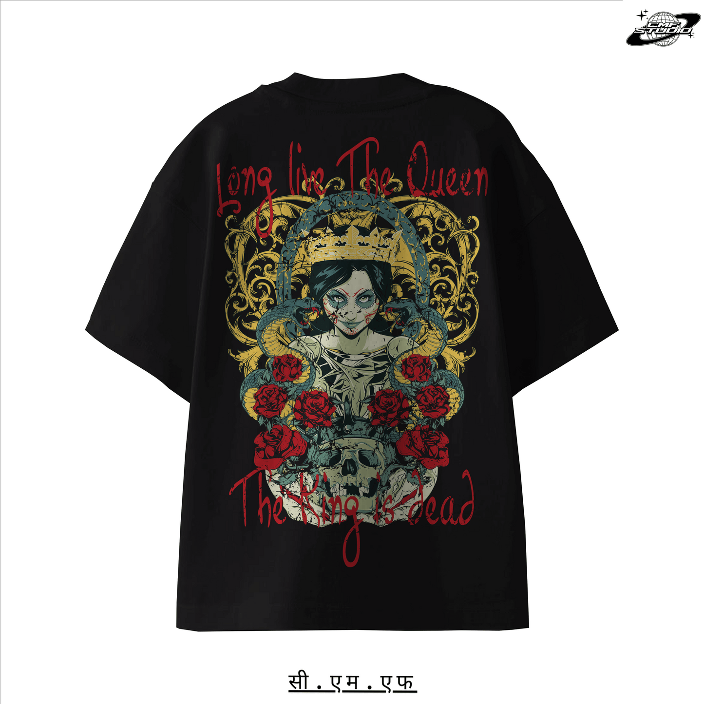 The Queen oversized t-shirt featuring bold graphic design with roses and royal imagery.