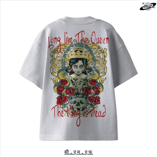 Oversized t-shirt featuring a graphic design with a queen, roses, and text 'Long live The Queen, The King is dead'.